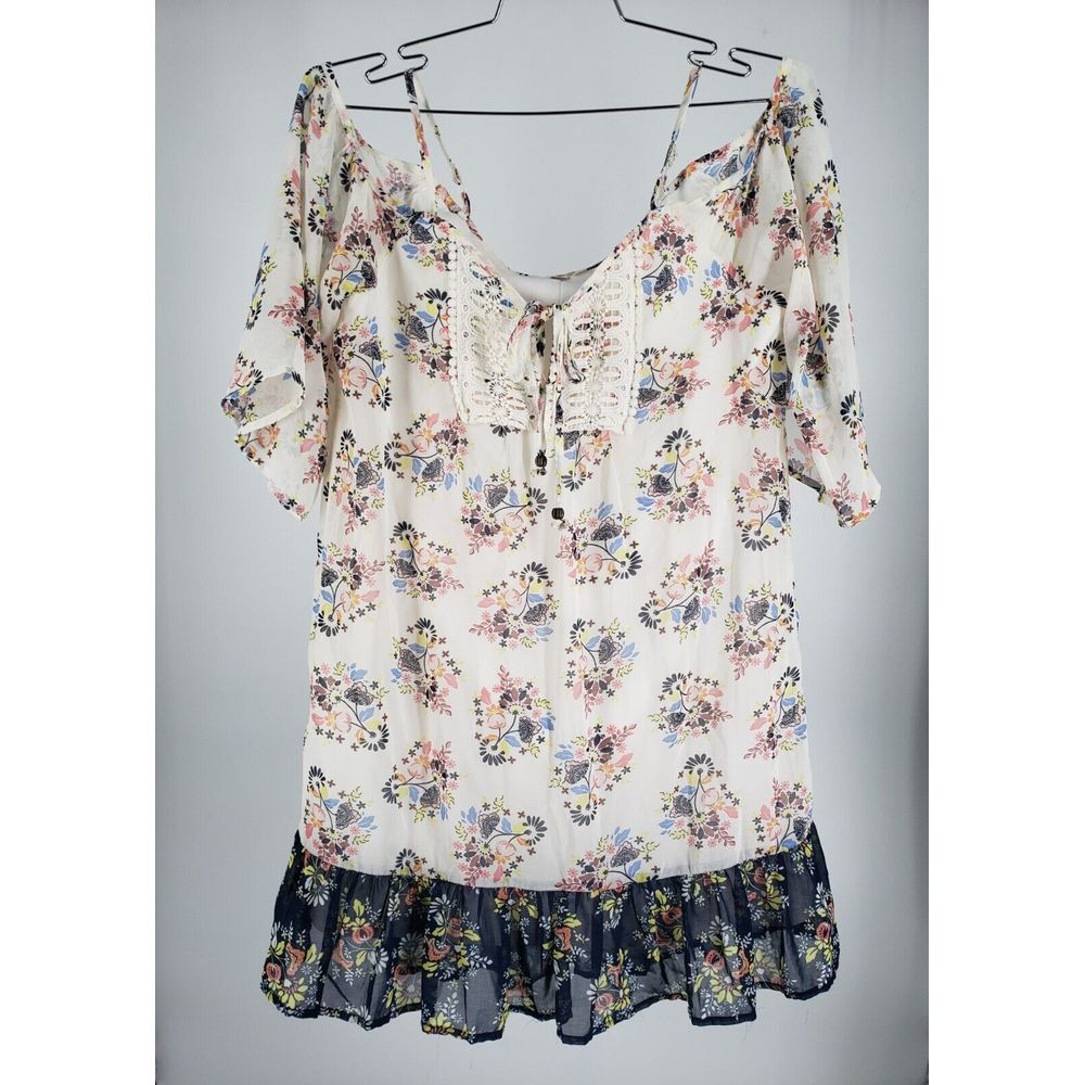 AUW Blouse Tank Top Dress‎ Lave Accent Floral Dual Tone Multicolor Size L